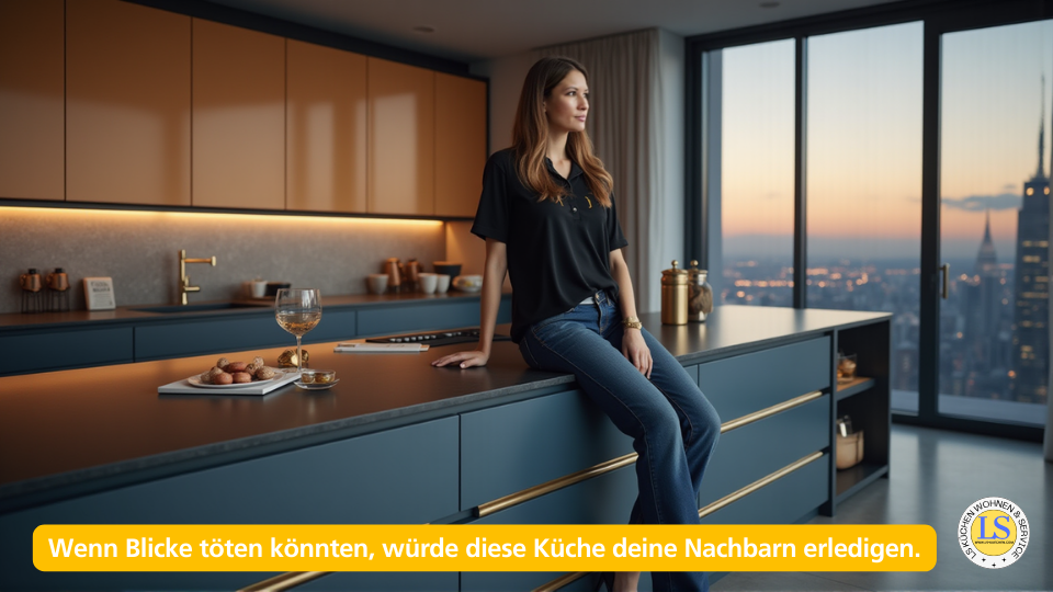 1. Raum und Umgebung - Wohnung - Hochmodernes Penthouse in einem Wolkenkratzer, mit riesigen Glasfronten und einem atemberaubenden Blick auf eine nächtlich beleuchtete Skyline. - Architektur Gerad