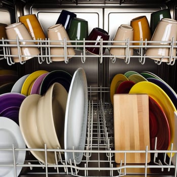 A chaotic scene inside a dishwasher, with crooked cups, plates stacked haphazardly, and a wooden board misplaced