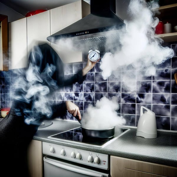 A frantic scene in a kitchen with smoke rising from a pan, a blaring smoke alarm, and a person desperately trying to silence it with a dish towel