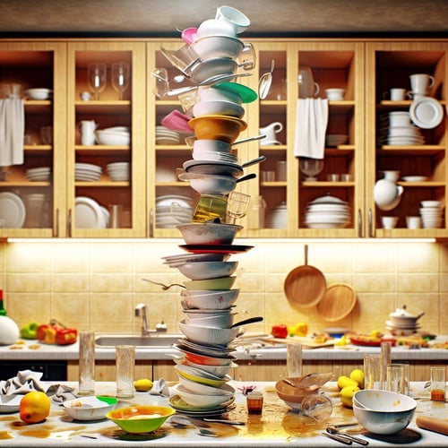 A toppling tower of dishes, glasses, and bowls in a chaotic kitchen setting