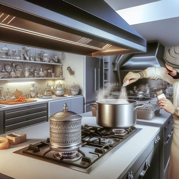 An image of a kitchen with a pot of boiling water on a stove, with someone adding salt to it