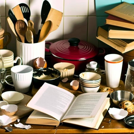 An image of a kitchen with scattered cooking utensils, open recipe books, and halfempty coffee cups, creating a charming chaos that tells stories of s