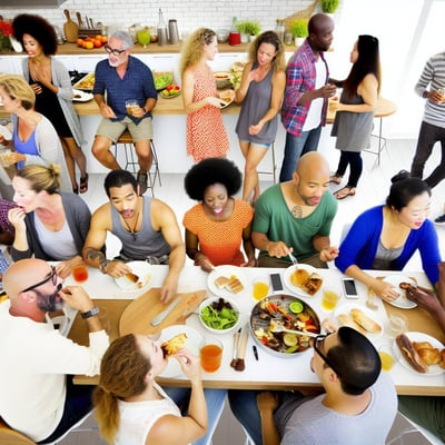 An image of a lively kitchen party, with guests gathered around a central table, chatting, snacking, and enjoying drinks