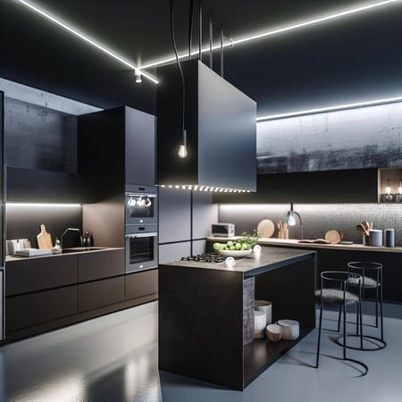 An image of a modern kitchen with sustainable materials, dark colors, and a minimalist design, featuring smart kitchen appliances, a multifunctional k