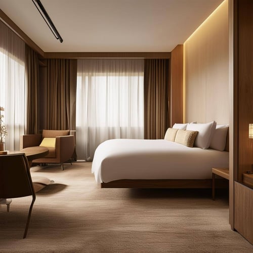 An image of a modern, stylish hotel room with functional furniture, natural materials, and a cozy color palette to create a warm and inviting atmosphe-1