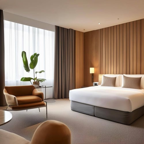 An image of a modern, stylish hotel room with functional furniture, natural materials, and a cozy color palette to create a warm and inviting atmosphe