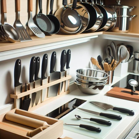 An image of a wellorganized kitchen with essential utensils neatly arranged on countertops and in drawers