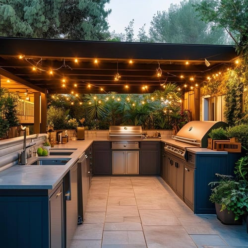 An inviting and wellequipped outdoor kitchen with a grill, cooking area, sink, fridge, and seating area, all surrounded by plants, lights, and cozy de-1